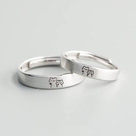 POYAMUSE Lovely Cats Couple Rings for Valentines Day Gift, Adjustable Silver Kitty Rings for Couple Anniversary Memorial Jewelry Gift