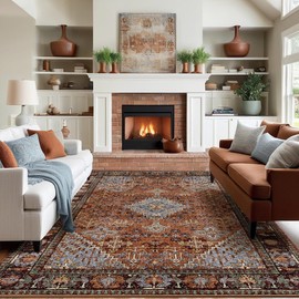 9x12 Area Rugs for Living Room, Stain Resistant Machine Washable Rug, Non Slip Backing Boho Rugs for Bedroom, Printed Soft Vintage Carpet Sienna Brown 9 x 12