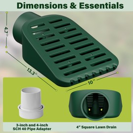 4in. Grate Yard Drain, Yard Drain Emitter for Sump Pump Discharge & Downspout Extensions, 10" W x 11.5" L x 4.7" H, Protects Foundation, Prevents Standing Water – Includes 3" & 4" SCH 40 Pipe Adapter