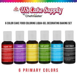 6 Color Cake Food Coloring Liqua-Gel Decorating Baking Primary Colors Set - U.S. Cake Supply .75 fl. Oz. (20ml) Bottles Primary Popular Colors - Made in the U.S.A.