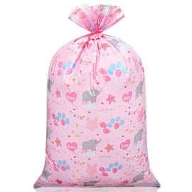 Plauthus 56” Jumbo Pink Gift Bag with Tag, Giant Baby Girl Gift Bag (Elephant, Heart Balloons, Sleepy Star) for Baby Shower，Birth of Baby, New Parent (Baby-Pink)