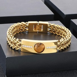 Azubpi Men's Double Chain Stainless Steel Gold Bracelet with Tiger Eye Stone, Hip hop Diamond Jewelry for Men Cool Gifts for Him