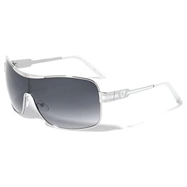 Khan Wrap Around Shield Aviator One Piece Gradient Lens Sunglasses (Silver & White Frame, Black Gradient Lens)