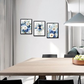 sechars Blue and White Floral Wall Art Navy Rose and Hydrangea Botanical Paintings Modern Bathroom Kitchen Wall Decor