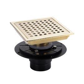 DEOKXZ Brushed Gold Shower Drain Square，6 Inch SUS 304 Stainless Steel Removable Grid Strainer Cover,with Adjustable Drain Flange Kit Base PVC,Brass Finish