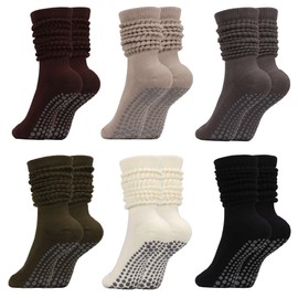 Pilates Socks with Grips for Women,6 Pairs Cotton Non Slip Yoga Crew Socks for Barre, Ballet, Dance, Workouts Size 5-9 (US, Numeric, 5, 9, Regular, Regular, 6 Pairs Color Mix D)