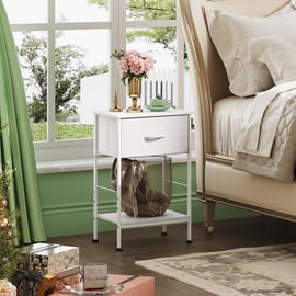 WLIVE Night Stand Set 2, White Nightstand with Fabric Storage Drawer and Open Wood Shelf, End Tables Dresser for Bedroom, Bed Side Table, Dorm, 25.03" Height