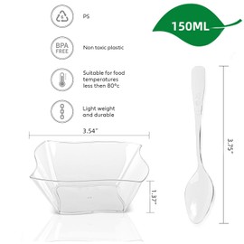 PLAZOTTA 150 Pack 5 oz Clear Plastic Dessert Cups with 150 Tasting Spoons, Square Parfait Appetizer Plates Bowls for Party, Weddings