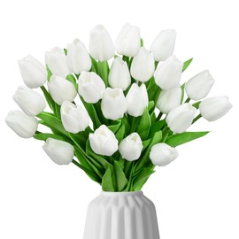 24pcs White Tulips Artificial Flowers, 13.4" Artificial Silk Flowers Fake Tulips for Spring Mother's Day Easter Valentine’S Day Gifts in Home Kitchen Wedding Dining Table Decorations