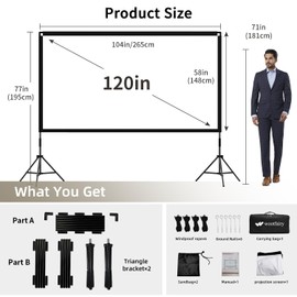 Projector Screen with Stand, Wootfairy 120 inch Portable and Foldable Indoor Outdoor Projection Screen 16:9 4K HD Rear Front Wrinkle-Free Movie Screen with Carry Bag for Home Theater Backyard Cinema