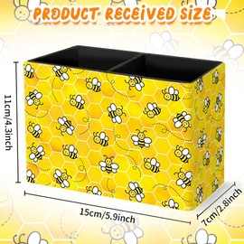 ORIGACH Rectangular Pen Holder, Honeycomb and Bee Motif Desk Pen and Pencil Holder, PU Leather Pen Organiser for Office, School, Pencil and Other Stationery Storage, 15 x 11 x 7 cm
