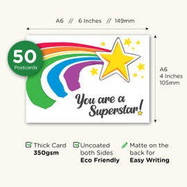 You Are A Superstar Cards Postcards Pack (50 Postcards) 4x6 Postcards for Kids and Adults. Positive School Teacher Thanks You Cards, Kindness Cards, Employee Appreciation Affirmation card.