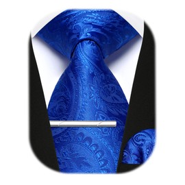 Enlision Mens Royal Blue Paisley Tie and Pocket Square with Tie Clip Set Business Formal Wedding Ties for Men Necktie & Handkerchief & Tie Pin Sets,Royal Blue