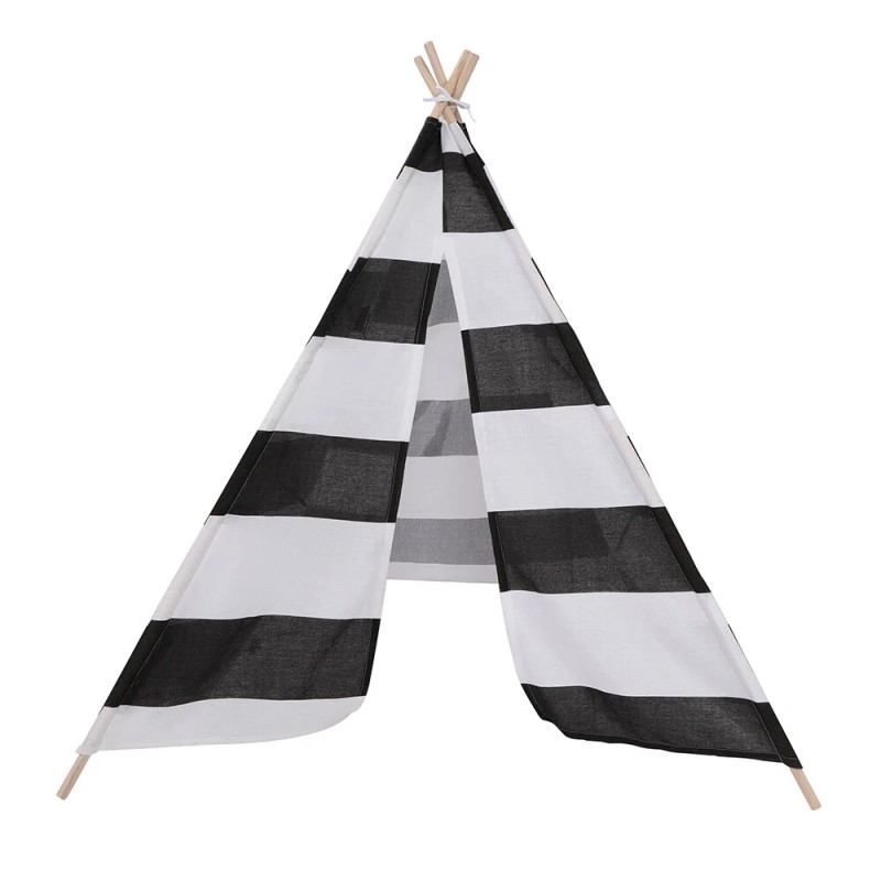 nic-473109 White Black Striped Kid Teepee Portable Canvas Tent Foldable