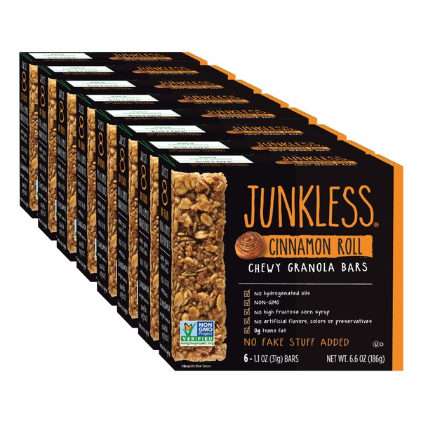 JUNKLESS Chewy Granola Bars, Cinnamon Roll, 48 bars (6 x 1.1 oz bars/box – 8 boxes), Non-GMO, low sugar, great tasting, made for kids & families