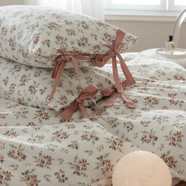 Pink Flower Pillowcases Set Cotton Kids Girls Floral Pillow Shams with Elegant Bow Ties Vintage Floral Bedding Pillow Covers Standard Chic Flower Botanical Pillowcases Room Decor, (2 Pieces, 20"x36")