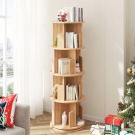 Breezestival 4 Tier Rotating Bookshelf, 360° Burlywood Rotating Bookcase for Small Space, Corner Bookcase for Bedroom, Living Room, Study Room
