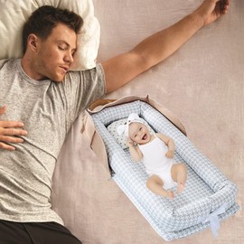 Loevin Baby Lounger for Newborn Portable Bag,Baby Nest Co Sleeping for Baby in Bed with Pillow,Newborn Lounger Adjustable Size & Strong Zipper Lengthen Space to 24 Months(Gray Thousand Bird Check)