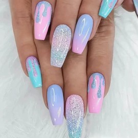 Press on Nails Medium Coffin Fake Nails with Glue Macaron Color Gradient Designs Cute Glue on Nails Medium Length Acrylic Nails Press ons Glitter False Nails for Women 24 Pcs