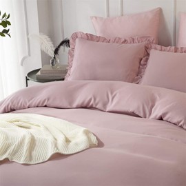 Omelas Blush Pink Ruffled Duvet Cover Set Full/Queen Size Vintage Ruffle Fringe Comforter Cover Solid Color Farmhouse Rustic Bedding Soft Microfiber,Zipper Closure,2 Sham (Mauve Pink, Queen)