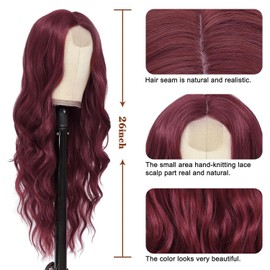 PORSMEER Long Dark Red Wavy Wig, 66 cm Centre Parting Curly Wig, Natural Heat Resistant Synthetic Wig for Women, Daily Party (Burgundy)