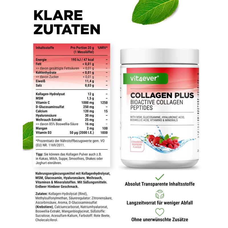 Collagen Plus - 500 g Powder with MSM, Glucosamine HCL,