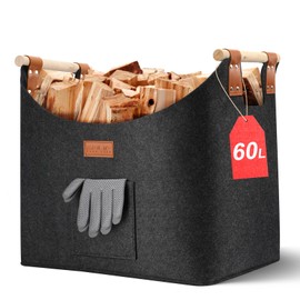 Ezilif Log Basket for Firewood, Large XL, Firewood Basket with Double Reinforced Leather, 60 L Felt Firewood Basket, Felt Basket Firewood with Front Pocket, Foldable Basket for Firewood, 45 x 32 x 40