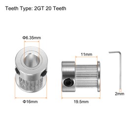 HARFINGTON 5pcs 2GT Timing Pulley 20 Teeth 6.35mm Bore 16mm Dia. Aluminum Timing Belt Pulley with 2mm Hex Key Wrench for 10mm Width Belt 3D Printer CNC Machine Accessories, Silver Tone