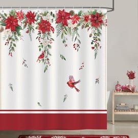 Bonhause Shower Curtain Poinsettia Christmas Flowers Leaves Cardinal Red Shower Curtains 180 x 180 cm Anti-Mould Waterproof Polyester Fabric Washable Bathroom Curtain for Bathroom with 12 Hooks