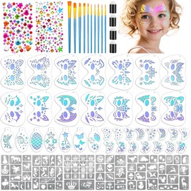 Yazhiji Kit de 58 plantillas de pintura facial. Incluye 36 plantillas reutilizables, 6 hojas de pegatinas para tatuajes, 10 pinceles, 2 gemas adhesivas y 4 esponjas para maquillaje de Halloween, festi