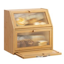 GHWIE Double Layer Large Bamboo Bread Box for Kitchen Countertop, Extra Large Bamboo Bread Box for Homemade Bread box with Cutting Board, Bread Storage Container Farmhouse Bread Box with Window