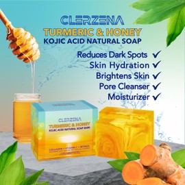 CLERZENA Honey Kojic Acid and Turmeric Soap for Dark Spots | Vitamin C & E, Retinol, Collagen Kojic Acid Soap Bar | Dark Spot Remover for Face | Turmeric Face Soap for Women and Men
