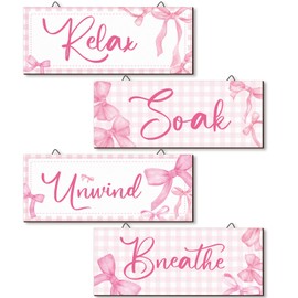 Yousoontic 4Pcs Coquette Pink Bow Wall Decor Aesthetic Pink Bow Bathroom Bedroom Wall Art Decor for Girl Gift Relax Soak Unwind Breathe Coquette Party Wooden Hanging Sign Set for Home Laundry Spa Room