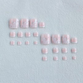 Generic 24pcs Flower Press on Toenails French Tips Short Square Fake Toe Nails Glitter with Rhinestones Design False Toenails Pink White Glossy Reusable Full Cover Gel for Women and Girls Decoration