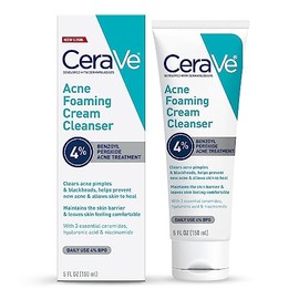 CeraVe Acne Foaming Cream Cleanser  Acne Treatment Face Wash with 4 Benzoyl Peroxide, Hyaluronic Acid, and Niacinamide  Cream to Foam Formula  5 Oz   
