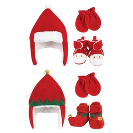 Hudson Baby Unisex Baby 6Pc Trapper Hat, Mitten and Bootie Set, Santa Red Elf, 12-18 Months