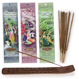 Prabhuji's Gifts Govinda, Madhurya Rasa, Vrinda Devi Hand-Rolled Spiritual Incense Sticks - Aromatic Sticks - for Meditation, Yoga, Relaxation, Aromatherapy Incense - 3 Packs of 10 Sticks with Burner