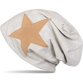 styleBREAKER Beanie Mütze mit aufgenähtem Kunstleder Stern, Slouch Longbeanie, Unisex 04024071, Farbe:Hellgrau meliert (One Size)