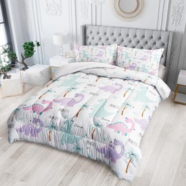 Nttopship Cartoon Dinosaur Comforter Sets Bedding Sets for Kids,Pink Violet Dinos Comforter Sets Twin Size，All Season 1 Comforter and 2 Pillowcases