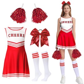 GUBOOM Cheerleader Costume Women for Adults, Cheerleader Costume Women with Cheerleader Pompoms, Hair Band, Socks, High School Cheerleader Costume for Fancy Dress, Cosplay, Carnival, Theme Party (Red,