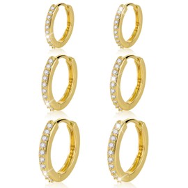 PT Haahoos 3 Pair Gold Hoops Earrings for Women, 925 Sterling Gold Hoop Earrings with Cubic Zirconia, Small Gold Hoop Earrings for Women Girls Bridal (8/10/12mm)