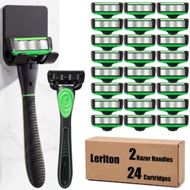 26 Pcs Men's 7 Blade Razor Set 2 Handles and 24 Replacement Cartridges, Sensitive Skin Shaving Razor Refills Bulk with Storage Hook, Smooth Shave for Face and Head