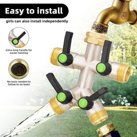 EJW Brass Garden Hose Splitter, Outdoor Faucet Garden Hose Splitter, 4 Way Heavy Duty High Flow Splitter, Heavy Duty Hose Fitting 3/4”, 4 Way Hose Splitter 4 Extra Rubber Washers & 1 Tape