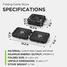 2 Burner Propane Camping Stove, Folding Portable Gas Stove Grill Propane with Carrying Bag, 17500 BTU, Built to Last, for Camping, Car Travel, Yard Parties, Outdoor Cooking, Backpacking Camp Stove