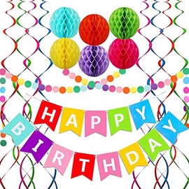 Pancarta de Feliz Cumpleaños, Pancarta de Cumpleaños Arcoíris, 6 Bolas de Panal, 8 Espirales Metálicos Colgantes y Guirnalda de Círculos de Papel, Decoraciones de Feliz Cumpleaños