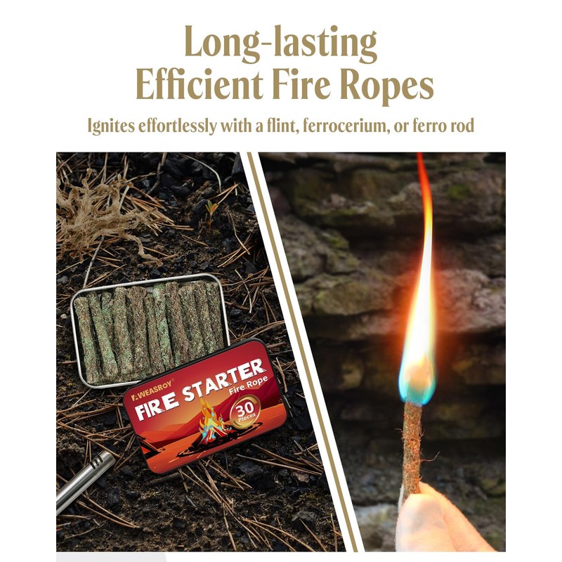 AWEASROY Fire Rope Blue Flame(30-Pack) Windproof Fire Starter, Long-Lasting, Bright