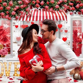 7x5FT Flower Shop, Yellow Love Light Box and Couple Bears Photography Backdrop for Party Decorations Supplies, Polyester Fabric