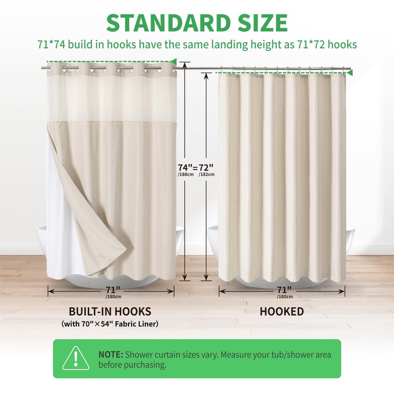 Eachope No Hooks Polyester Textured Shower Curtain with Snap-in Fabric