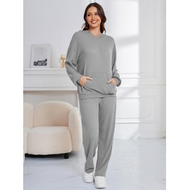 Fnumoa Womens Waffle Knit Hooded Pajama Sets Long Sleeve Matching Lounge Set Loungewear Sweatsuit with Pockets Grey