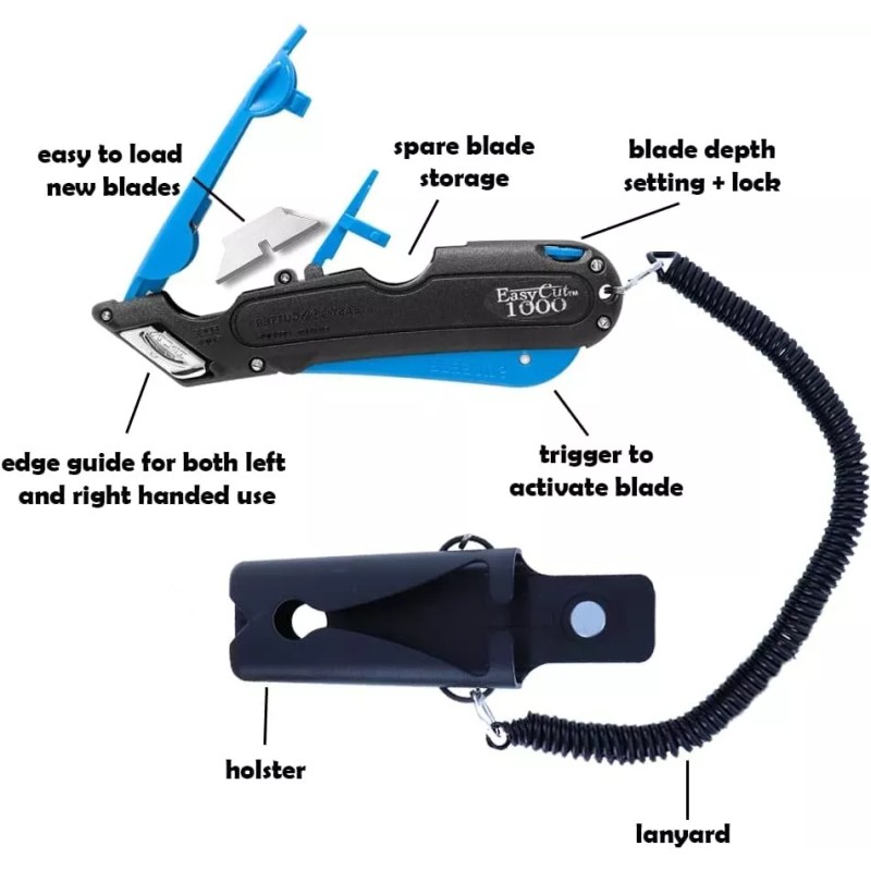 GRIP Easy Box Cutter 1000 Blue with 10 Utility Blades,